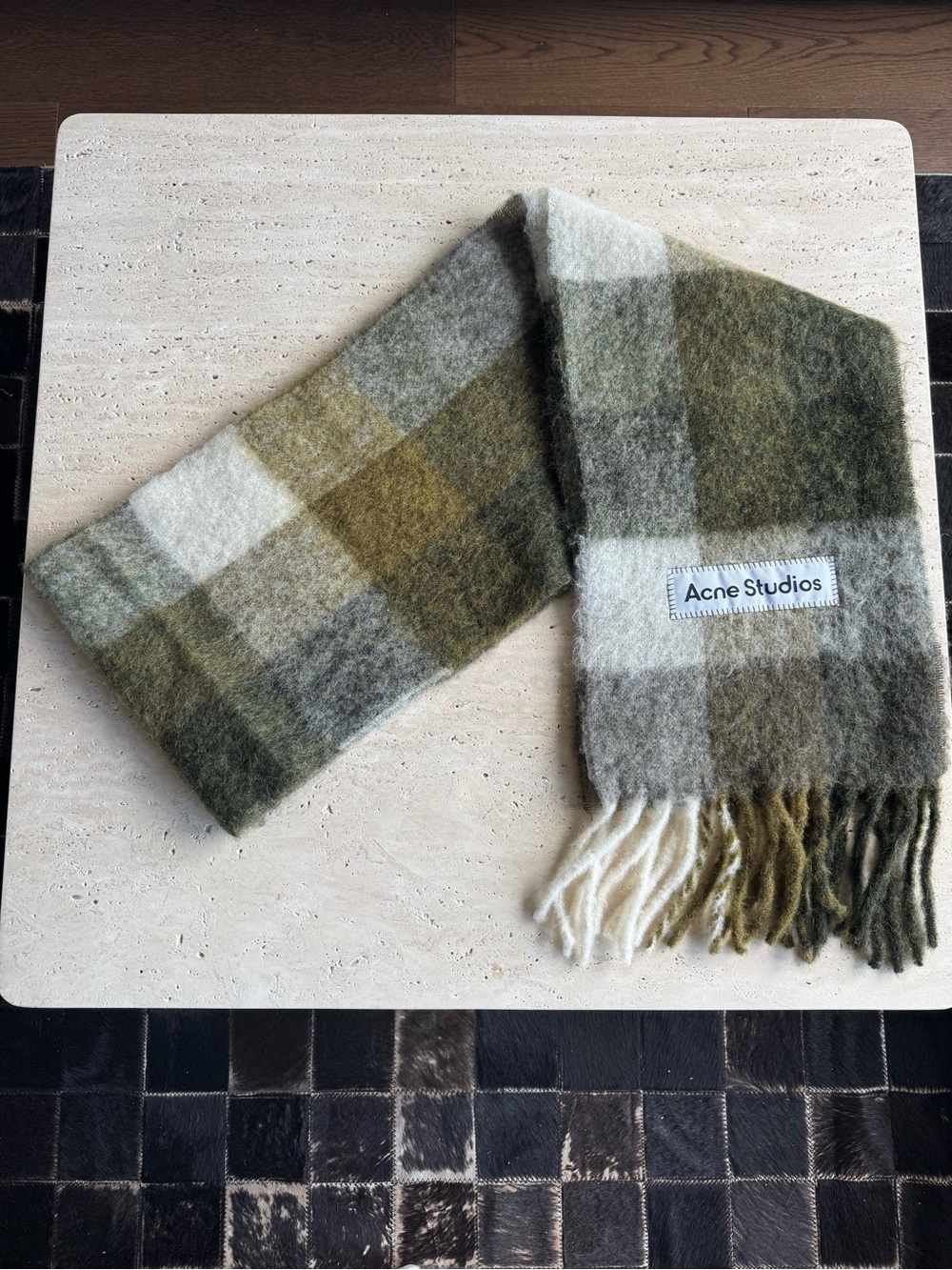 Acne Studios Olive and Cream Check Wool Scarf